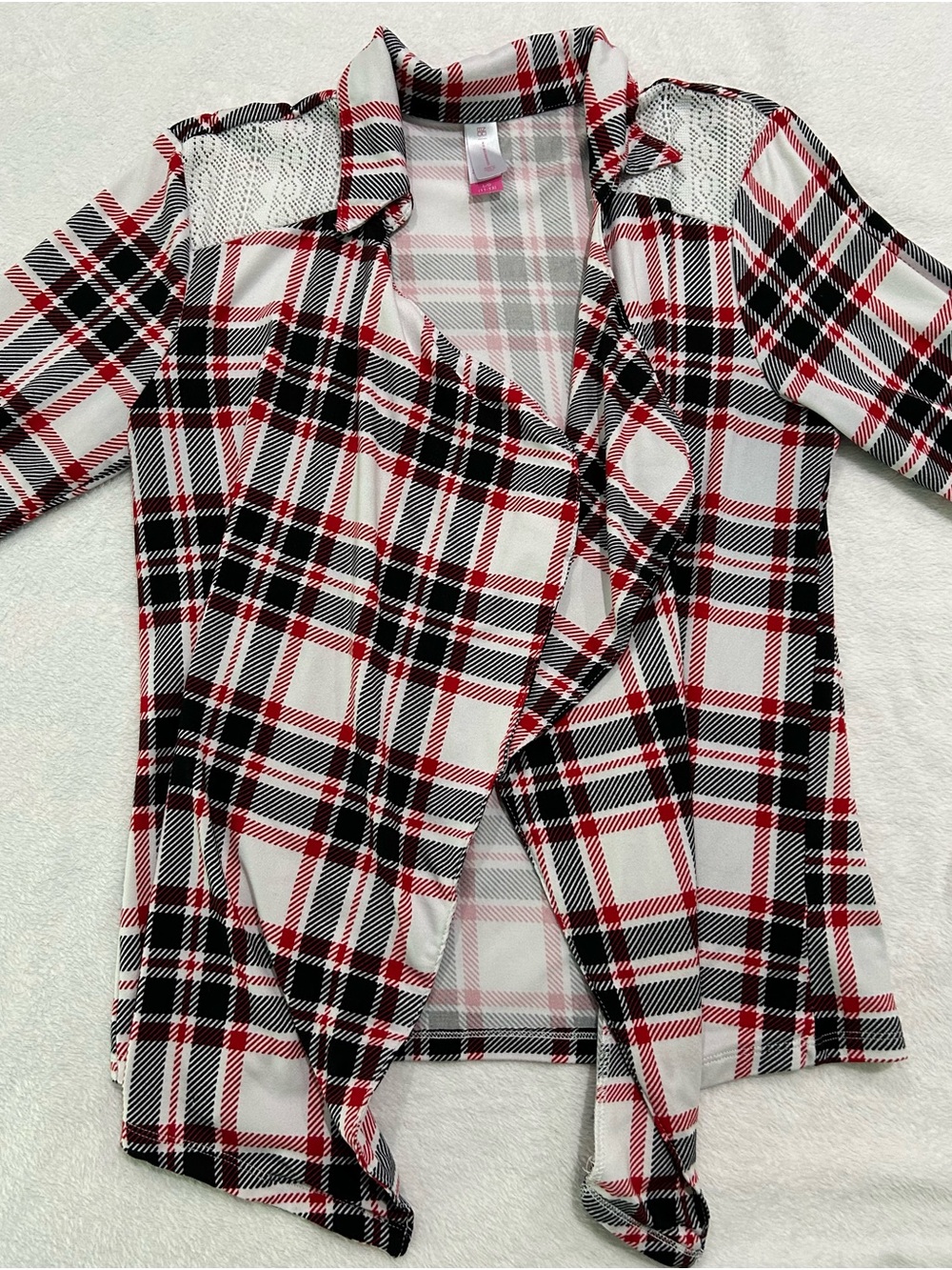 No Boundaries Junior’s Sz Lg Open Front Duster Cardigan Red Black Black White